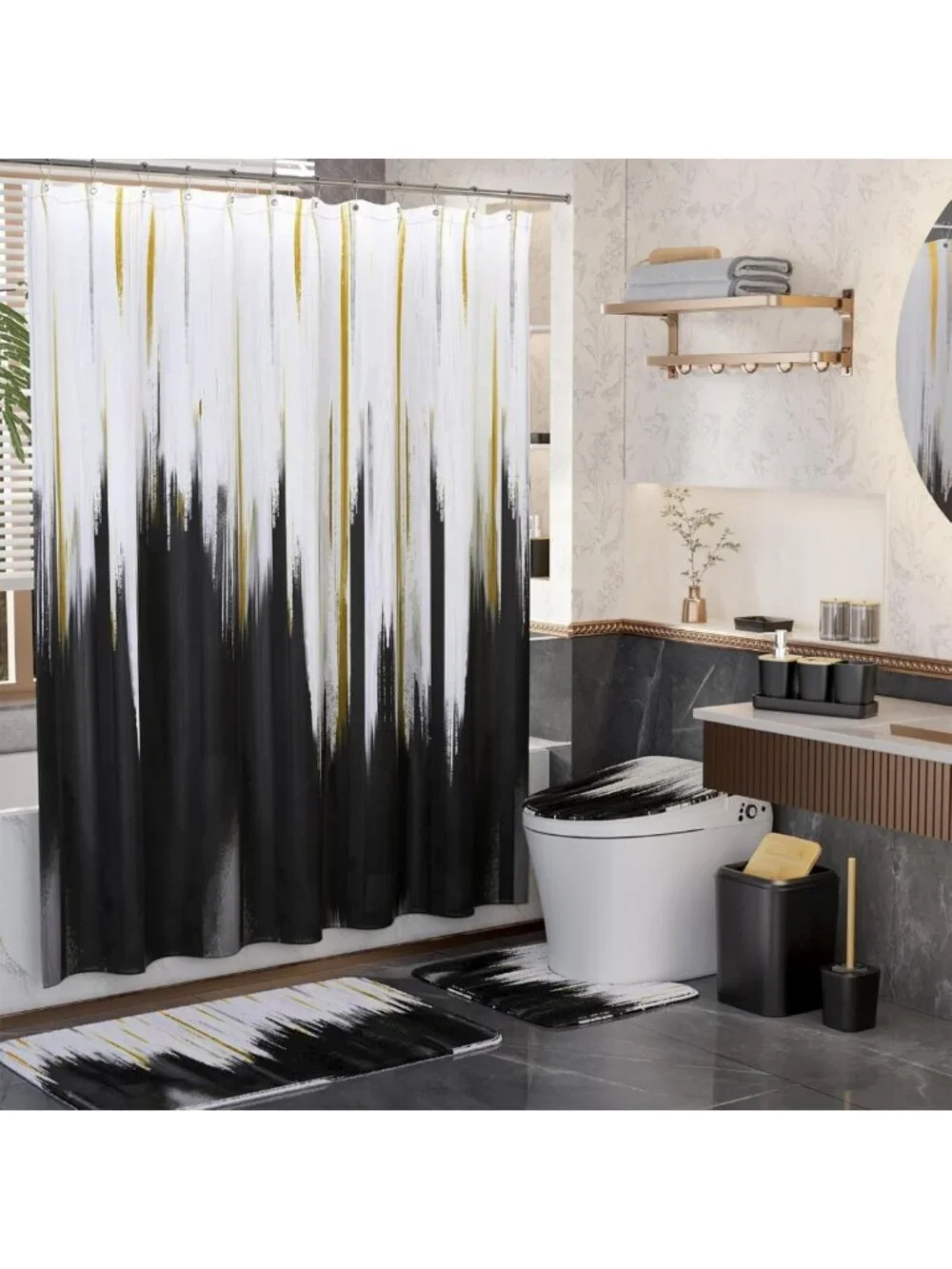 Stylish 24PCS Black Bathroom Accessories Set with Shower Curtain, Rugs & More